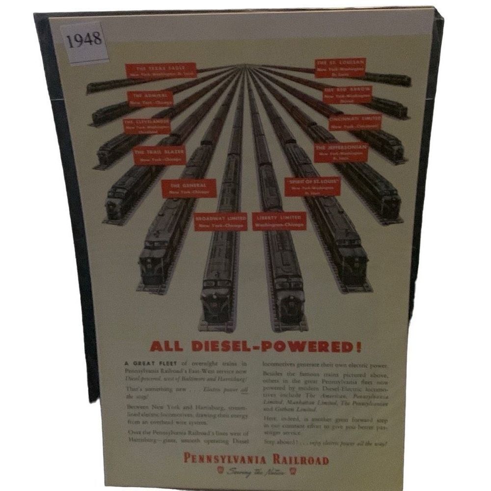 Vintage 1948 Pennsylvania Railroad All Diesel Powered Ad Advertisement
